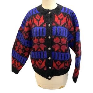 Icelandic Designs Wool Button Sweater Jacket Size Small Nordic Red Blue Back